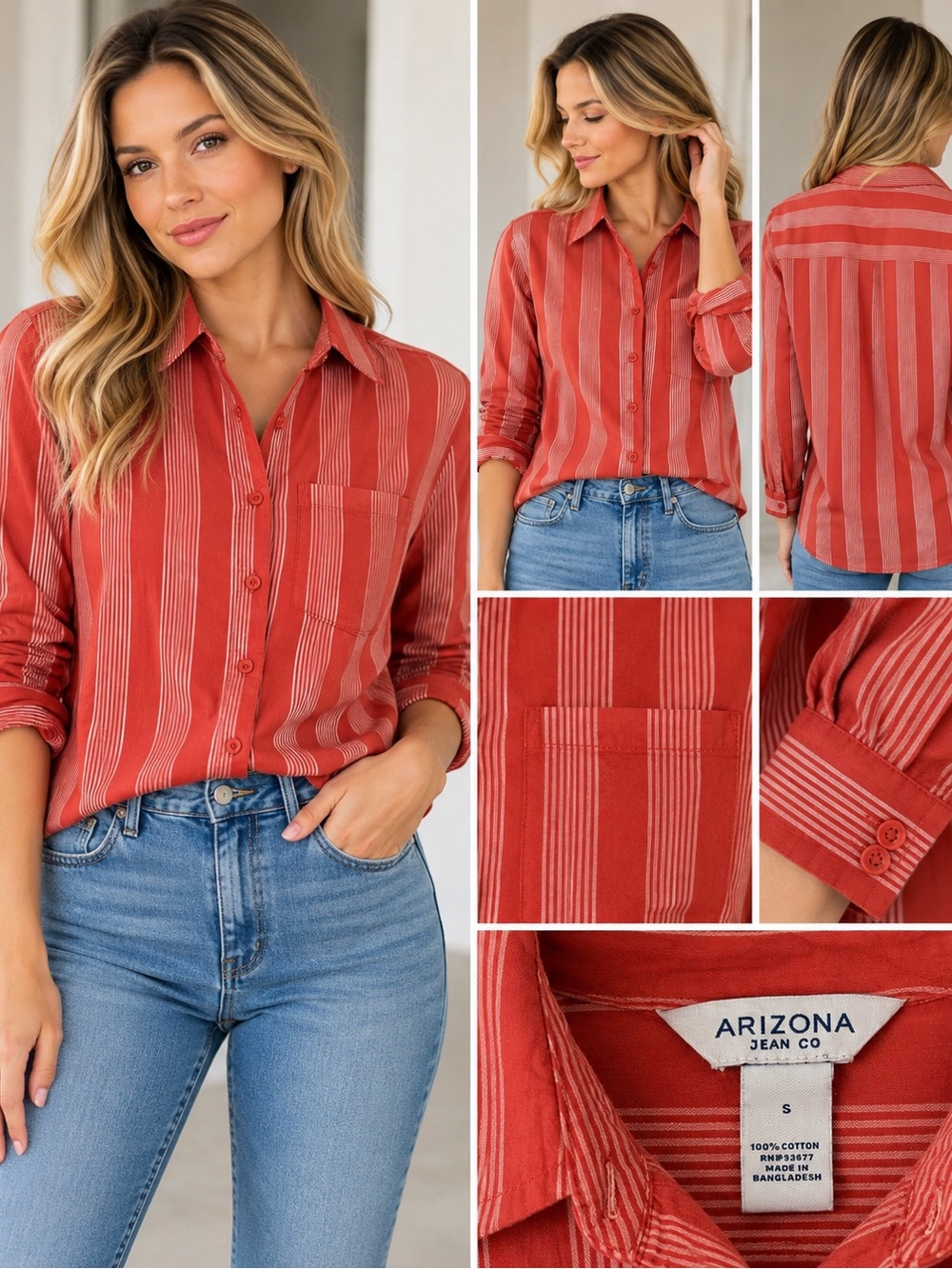 Arizona Jean Company Red Striped Button-Down Shirt
